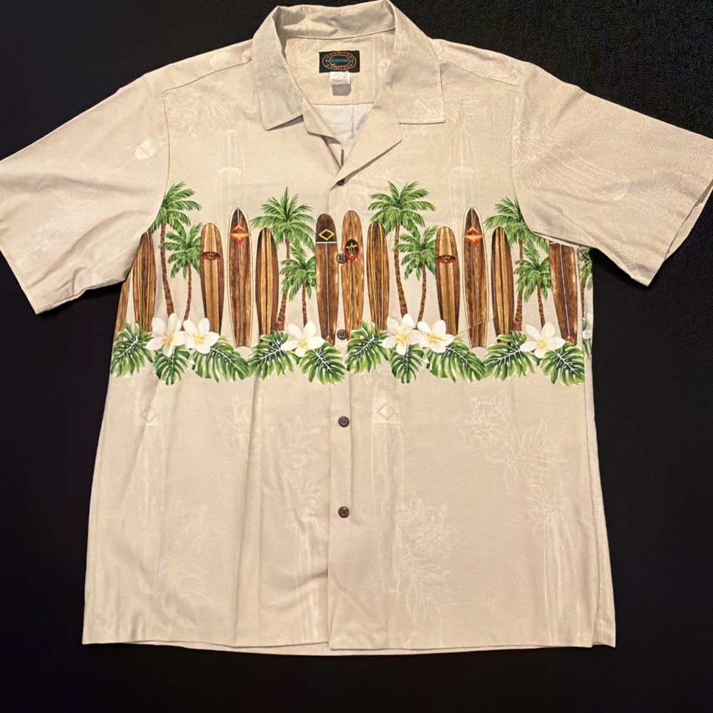 Hawaiian Reserve Collection Surf Boards & Palms Trees Made In USA Men's Large